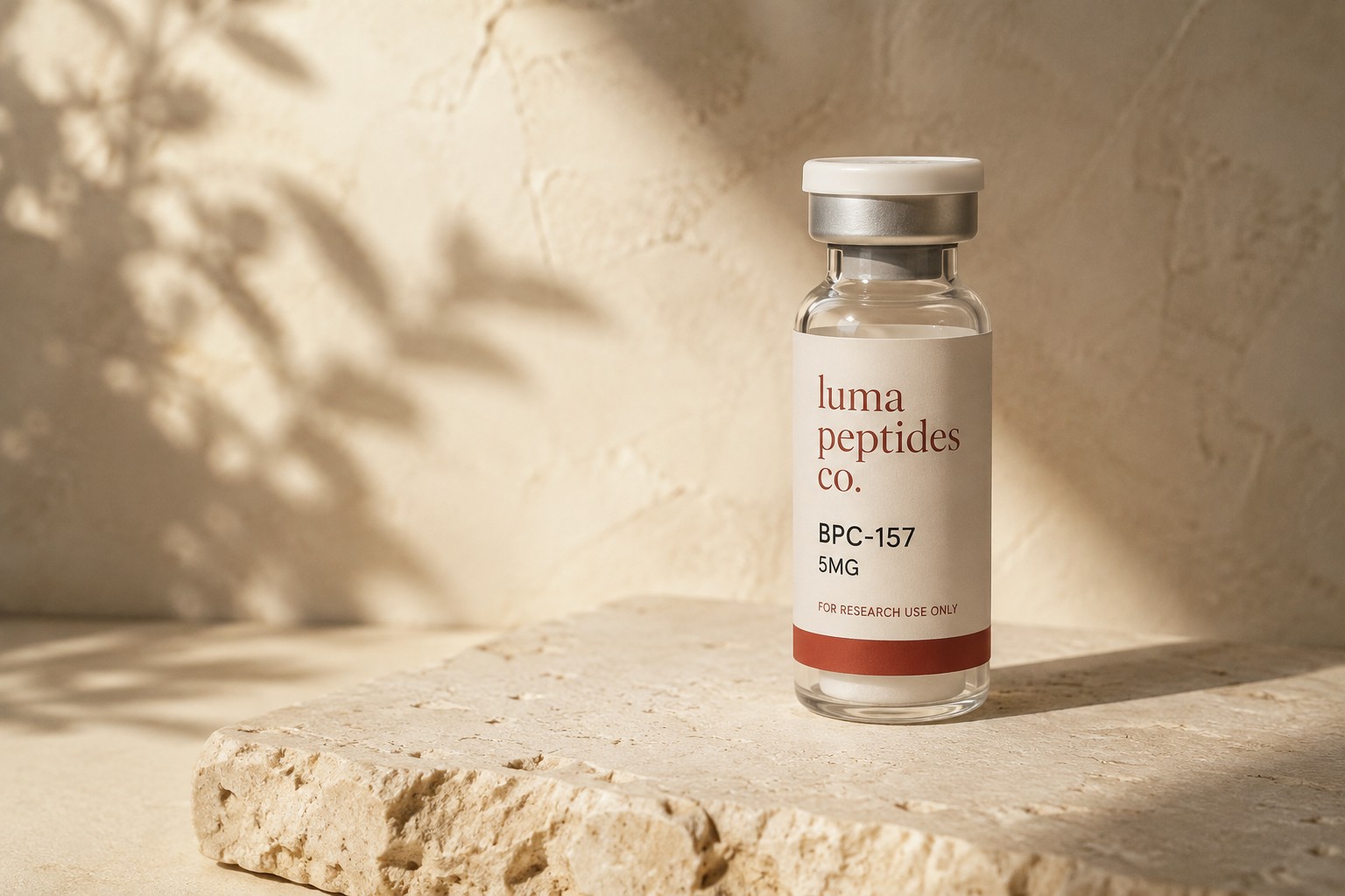 Luma BPC-157 vial on textured travertine in warm directional light